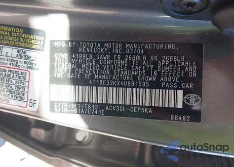 2004 Toyota Camry Le z USA, uszkodzony, nr VIN 4T1BE32KX4U891595